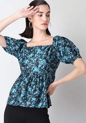Black Floral Satin Square Neck Blouse 