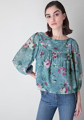 Buy Women Grey Floral Pleated Boat Neck Blouse - Trends Online India ...