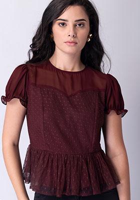 Wine Puff Sleeve Peplum Top