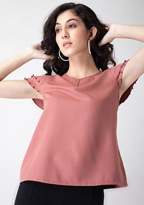 Buy Women Pink Pearl Embellished Flutter Sleeve Blouse - Trends Online ...