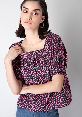 Black Floral Square Neck Puff Sleeve Blouse 