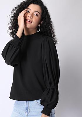 Black Collared Neck Smoked Sleeve Blouse 