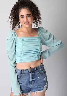 Blue Square Neck Ruched Sleeve Top 