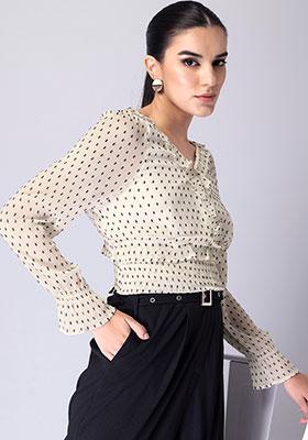 Off White Self Ruffled Smocked Crop Top 