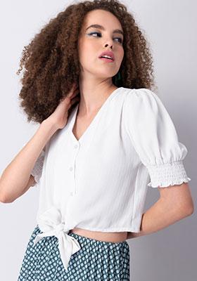White Front Tie Smocked Sleeve Crop Shirt  