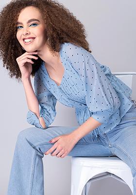 Powder Blue Polka Pleated Peplum Top
