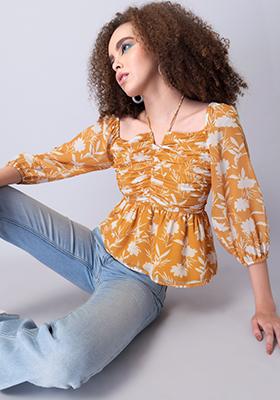 Yellow Floral Ruched Front Neck Tie Up Top 