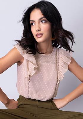 Peach Frilled Sleeve Crop Top 