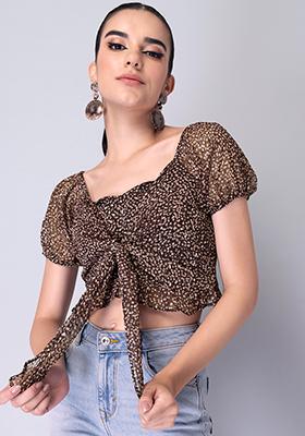 Brown Polka Overlap Crop Top 