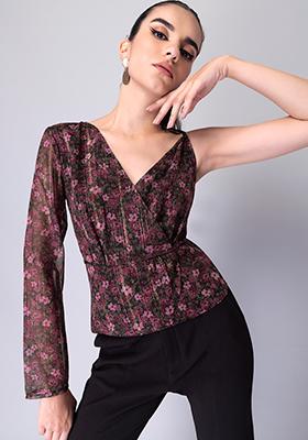 Pink Floral One Shoulder Wrap Top 