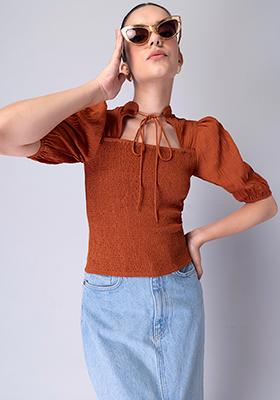 Orange Smocked Cut Out Top