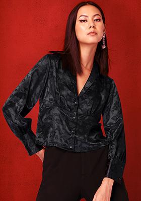 Black Floral Self Design Collared Satin Blouse