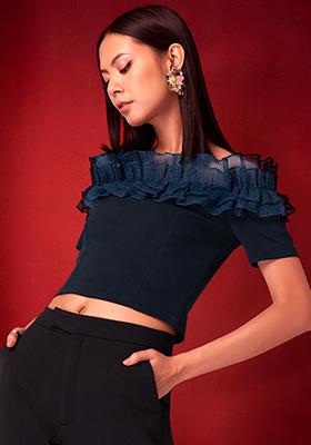 Navy Blue Organza Ruffled Off Shoulder Crop Top