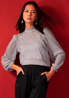 Silver Plisse Smocked Neck Blouse  