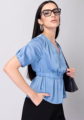 Pastel Blue Textured Peplum Top