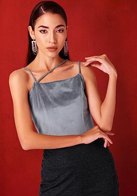 Grey Velour Embellished Strap Bodysuit