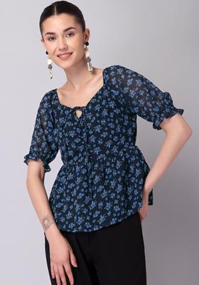 Navy Floral Criss Cross Neck Top 