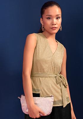 Gold Pleated Tie Up Wrap Top 