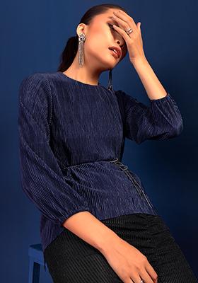 Navy Blue Pleated Top With Embellished Belt