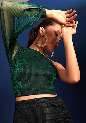 Dark Green Pleated One Shoulder Crop Top