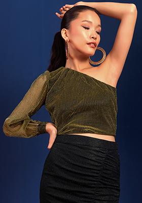 Copper Pleated One Shoulder Crop Top 