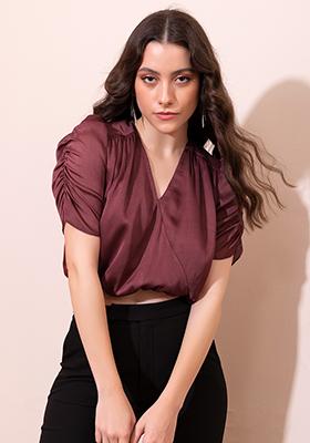 Red Ruched Sleeve Crop Top