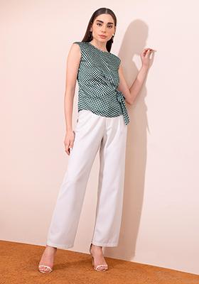 White Geometric Print Ruched Blouse