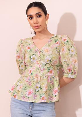 Green Floral Print Puff Sleeve Buttoned Peplum Blouse 
