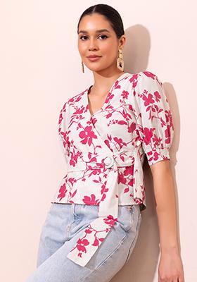 White And Pink Floral Print Side Tie Poplin Top