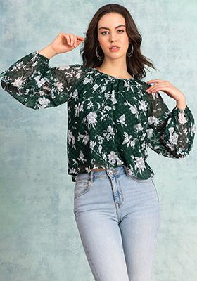Green Floral Print Full Sleeve Blouse