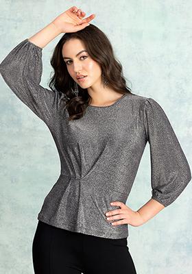 Black Round Neck Side Twist Shimmer Top
