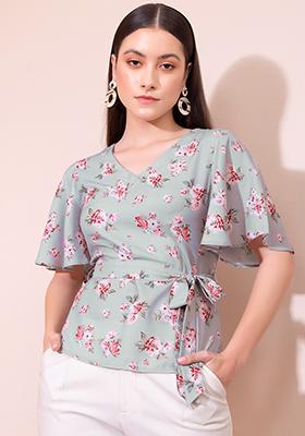 Grey Floral Print Blouse With Belt