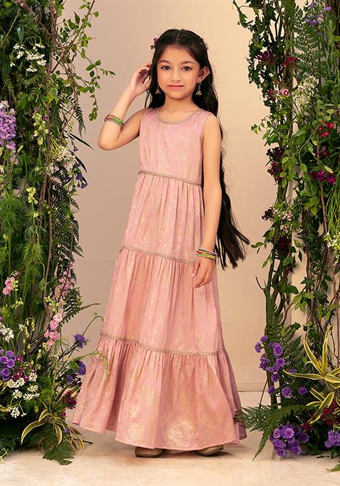 Pastel Pink Foil Print Tiered Anarkali Kurta