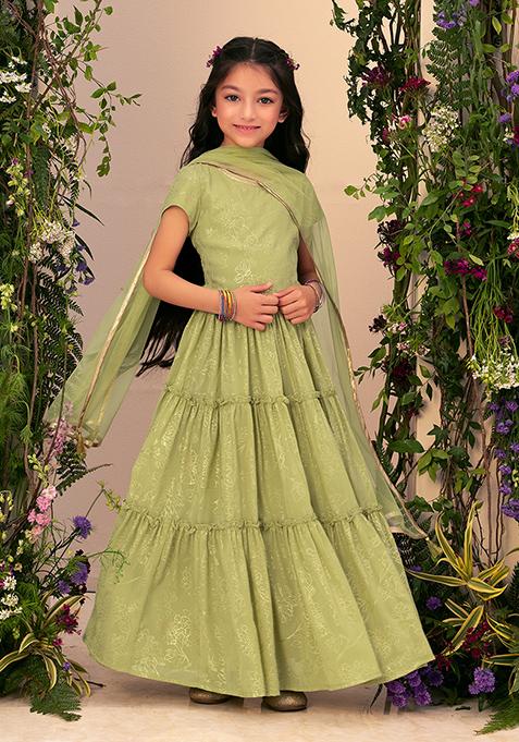 Light Green Foil Print Tiered Lehenga With Blouse And Dupatta (Set of 3)