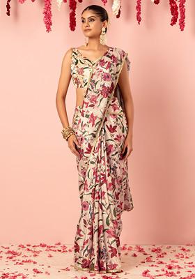 Buy Women Ivory Floral Print Pre-Stitched Saree Set With Embroidered ...