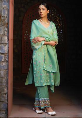 Aqua Green Striped Kurta and Trouser Set