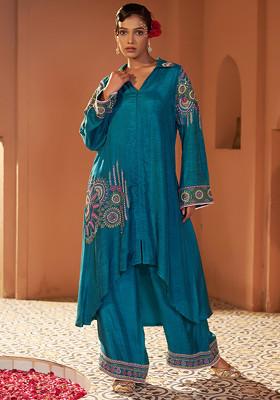 Tapsi Teal Kurta Set With Checkered Trims