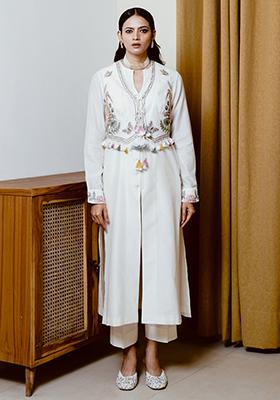 Aari and Resham Embroidered Kurta Set with Handloom Woven Leheriya Dupatta & Pants