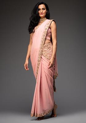 Buy Women Nude Pink Embroidered Georgette Saree Set - WLS00076 - Sarees