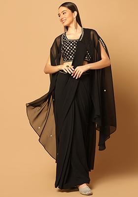 Buy Women Black Draped Saree Set With Cape - Pre-draped Sarees - Indya