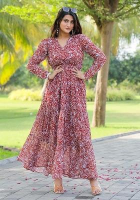Maroon Floral Print Rayon Dress