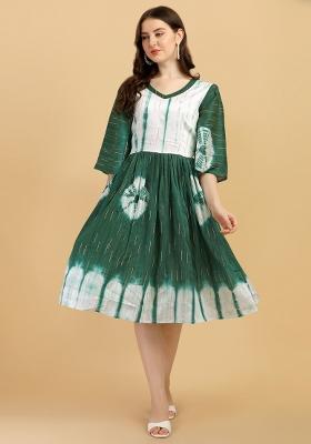 Green And White Dyed Cotton Blend Dress