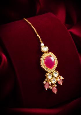 Pink Kundan Alloy Maang Tikka