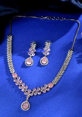 Silver Plated Baby Pink Floral Ad Jewellery Set