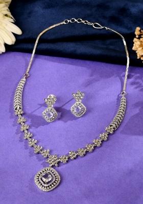 Silver Plated Square Stone Studded Jewellery Set