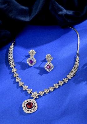 Silver Plated Ruby Square Stone Studded Jewellery Set