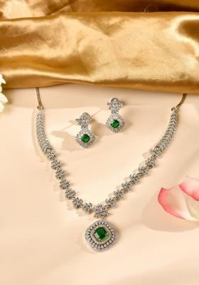 Silver Plated Green Square Stone Studded Jewellery Set