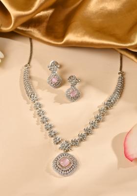 Silver Plated Baby Pink Square Stone Studded Jewellery Set