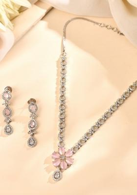 Silver Plated Ad Stone With Baby Pink Floral Jewellery Set