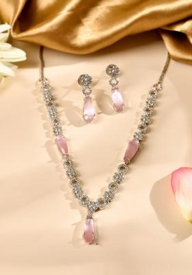 Silver Plated Baby Pink Stone Studded Ad Jewellery Set